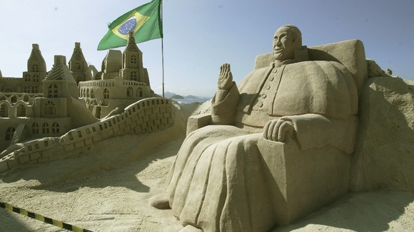 Sand sculpture in honor of Pope Francisco in Copacabana, south of Rio de Janeiro.