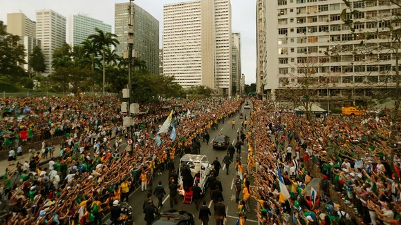 Crowds greet Pope Francis in downtown Rio de Janeiro.