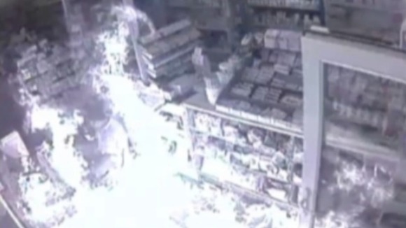 CCTV image of the moment Jude Jeevan's shop was set alight with him still inside.