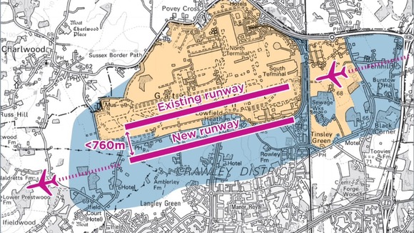 A map showing Option 1 for Gatwick Airport expansion