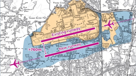 A map showing Option 2 for Gatwick Airport expansion