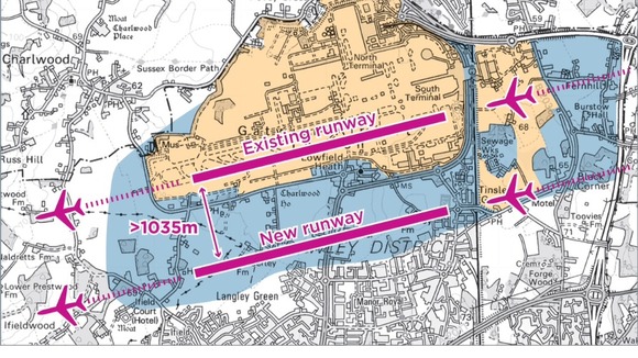A map showing Option 3 for Gatwick Airport expansion