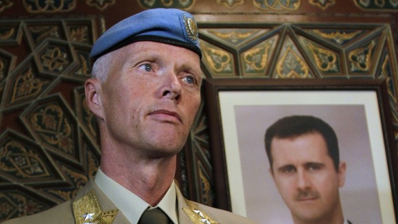 The Chief of the U.N. Supervision Mission to Syria, Norwegian Major General Robert Mood looks arrives at Damascus airport