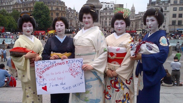 The four women, dressed in traditional geisha attire, sent their congratulations to the Duke and Duchess.