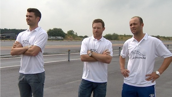 Jimmy Anderson, Ian Bell and Jonathan Trott at the race track in Gaydon