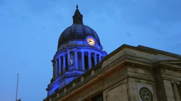 Nottingham city centre lights up blue for royal baby boy.