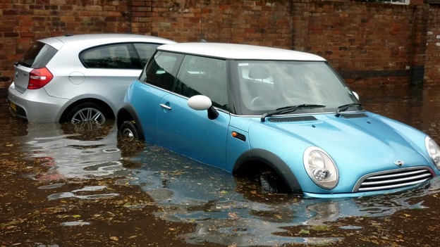 The car park of The Grosvenor pub in Nottingham as a sudden downpour left the area and public house flooded.