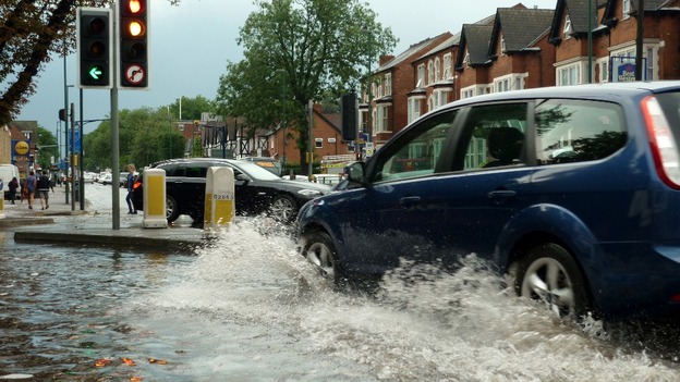 The heavily flooded junction between Mansfield Road and Hucknall Road in Nottingham.