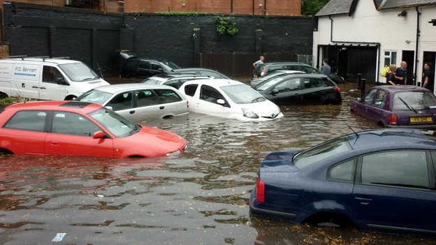The car park of The Grosvenor pub in Nottingham as a sudden downpour left the area and public house flooded.