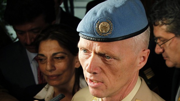 Norwegian Major General Robert Mood arrives at Damascus airport.