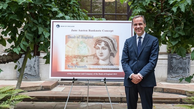 Bank of England Governor Mark Carney, in front of the Jane Austen £10.