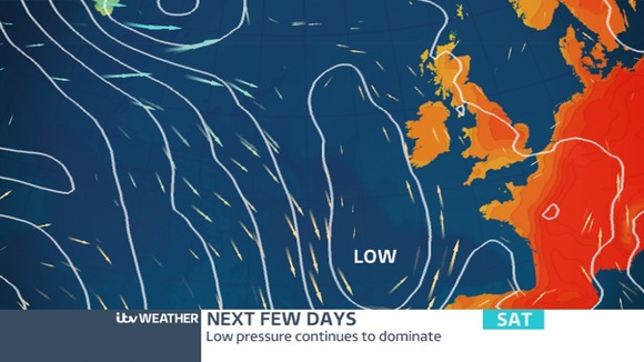 Pressure chart shows humid air being pulled up from France.