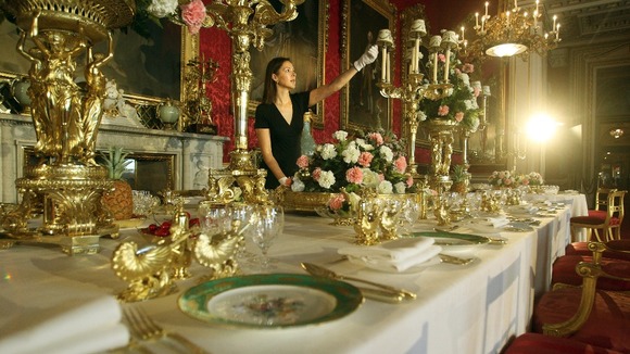 Tables from the two Coronation banquets staged at Buckingham Palace have been recreated.