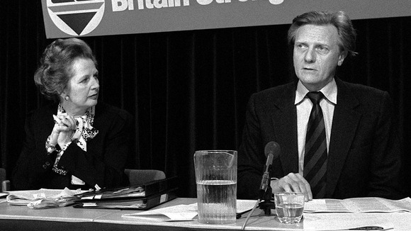 Margaret Thatcher and Michael Heseltine in May 1983 at a Conservative Party press conference.