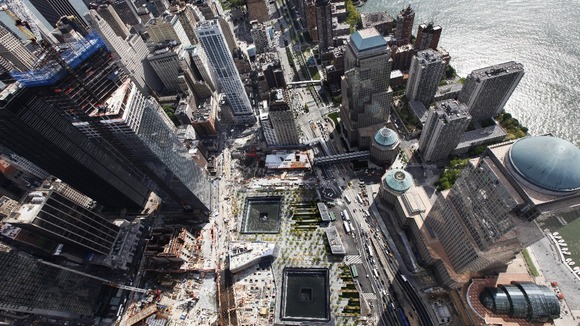The 9/11 Memorial can be seen from the 90th story of One World Trade Center in New York