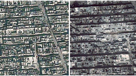 Densely populated Tariq al-Bab district before and after the missile strike.