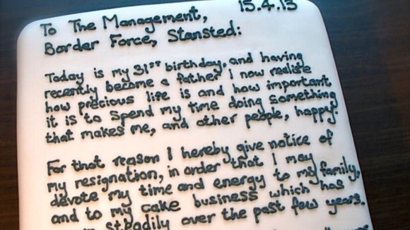 Chris Holmes resignation letter written on a cake.
