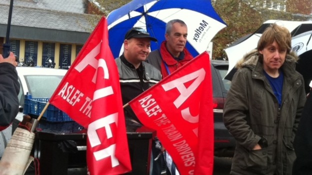 Train drivers from ASLEF on strike at Derby railway station