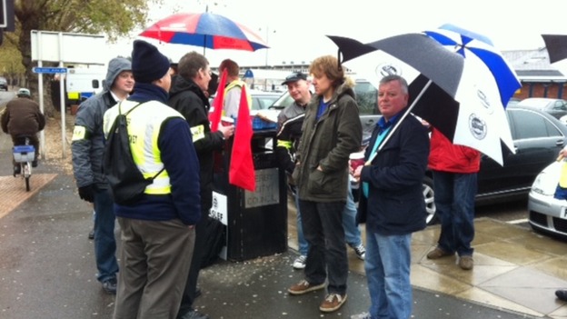 Train drivers from ASLEF on strike at Derby railway station