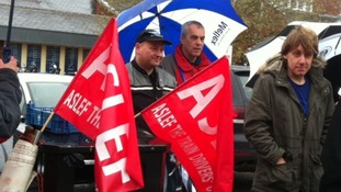 Train drivers from ASLEF on strike at Derby railway station