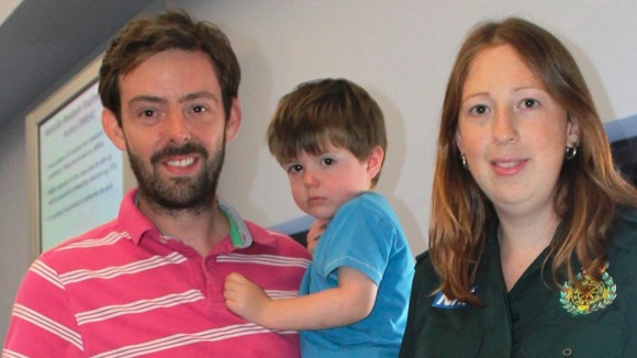 Simon Turner, who delivered his daughter, with his son and call handler Felicity McKeegan.