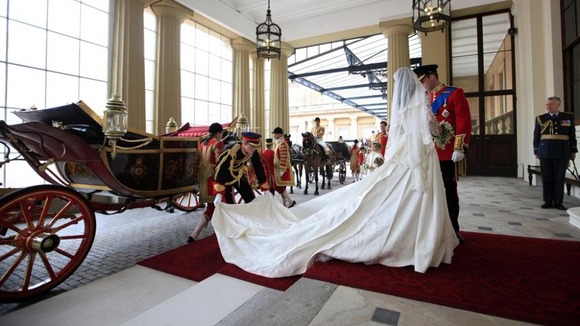 The Duke and Duchess of Cambridge getting out of in the 1902 State Landau