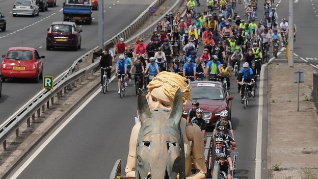 The puppet is powered by around 100 cyclists