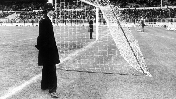 Policemen guarding the goals at Wembley in 1979