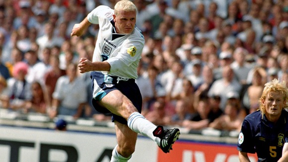 Paul Gascoigne scores England's second goal in spectacular fashion