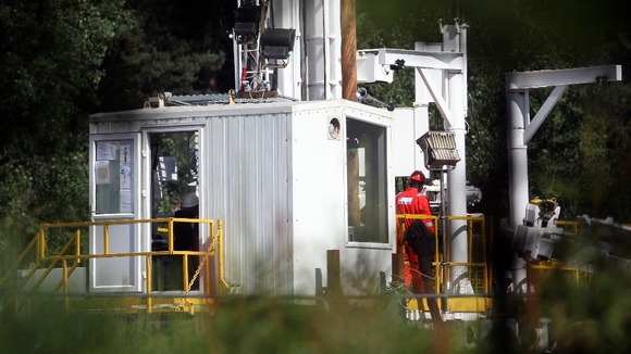 Engineers drill a test well in Balcombe, Sussex to search for deposits of oil and shale gas
