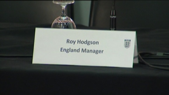 Label on desk for Roy Hodgson at press conference