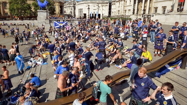 Scotland fans are gathering in their hundreds at Trafalgar Square