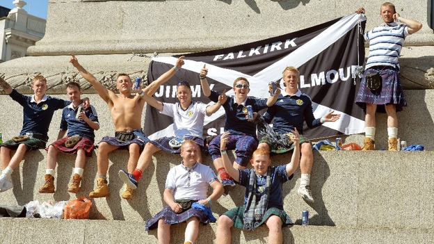 Scotland fans enjoying the sunshine in Trafalgar Square