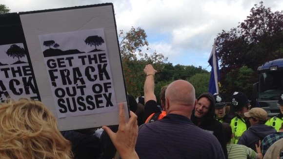 Demonstrators outside the Cuadrilla site in Balcombe, West Sussex, this morning.