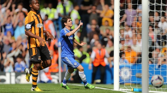 Chelsea's Emboaba Oscar celebrates scoring the opening goal of the game during the Barclays Premier League match at Stamford Bridge