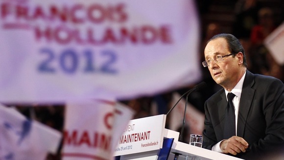 Francois Hollande delivers a speech during a campaign rally