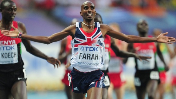 Mo Farah celebrating as he wins the Men's 5,000m at the IAAF World Championships in Moscow.