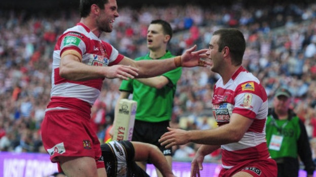 Celebrations for Wigan after try