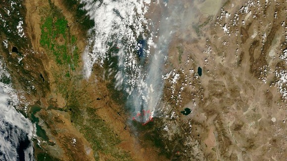 A satellite image of the drought-fueled Rim Fire near Yosemite National Park
