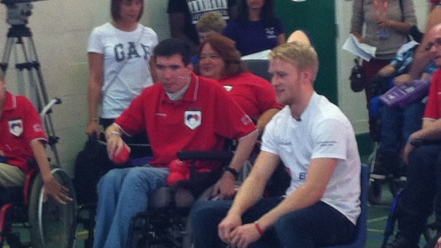 Paralympic sprinter Jonnie Peacock having a game of Boccia at Impington College, Cambridge.