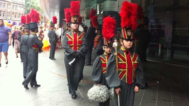 Some of the people parading through the city centre