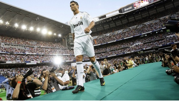 Cristiano Ronaldo at his presentation ceremony at Santiago Bernabeu stadium in Madrid