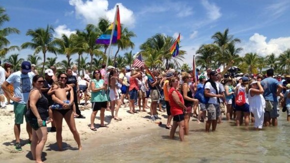 Well-wishers gather on Smathers Beach in Key West, Florida, as Diana Nyad nears the end of her journey.