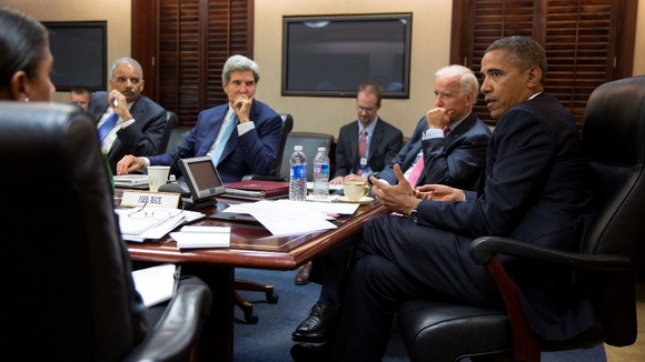 President Barack Obama discussing the situation in Syria with his National Security Staff in the White House