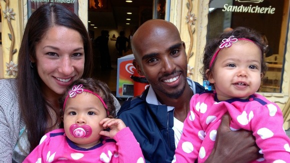 Mo Farah with wife Tania and his twin daughters Aisha and Amani