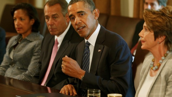 President Barack Obama talks to bipartisan Congressional leaders in the Cabinet Room at the White House.