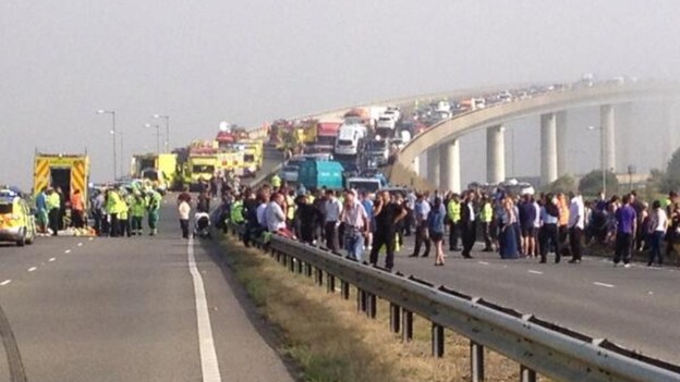 Emergency crews at work after the collision on the A249 involving up to 100 vehicles