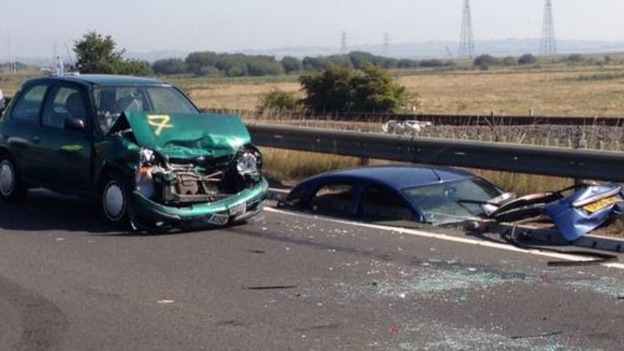 Cars crumpled and in pieces after the crash in Sheppey on the A249