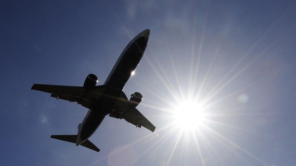 A plane in the sky.