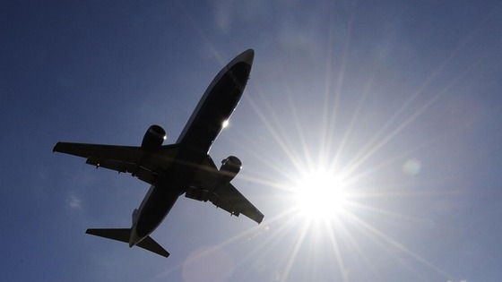 A plane in the sky.